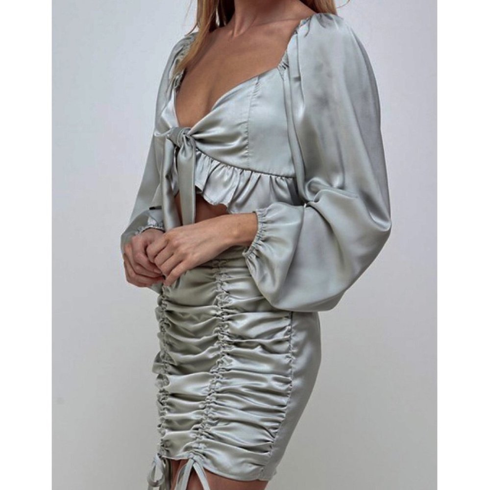 Cassie Ruched Skirt Satin High Waisted Mini - Picture 8 of 11